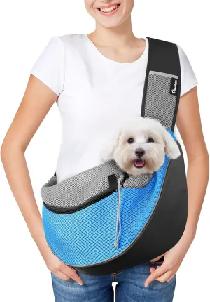 Pawaboo Pet Dog Sling Carrier, Hand Free Drawstring Dog Papoose with Adjustable Strap, Breathable Mesh Bag for Puppy Cat, Crossbody Satchel Dog Purse with Pocket for Outdoor Travel, Light Blue, Small