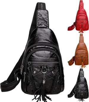 Peicees Leather Sling Bag For Women Waterproof Crossbody Bag Chest Bag Fashionable Small Backpack Purse For Travel Hiking