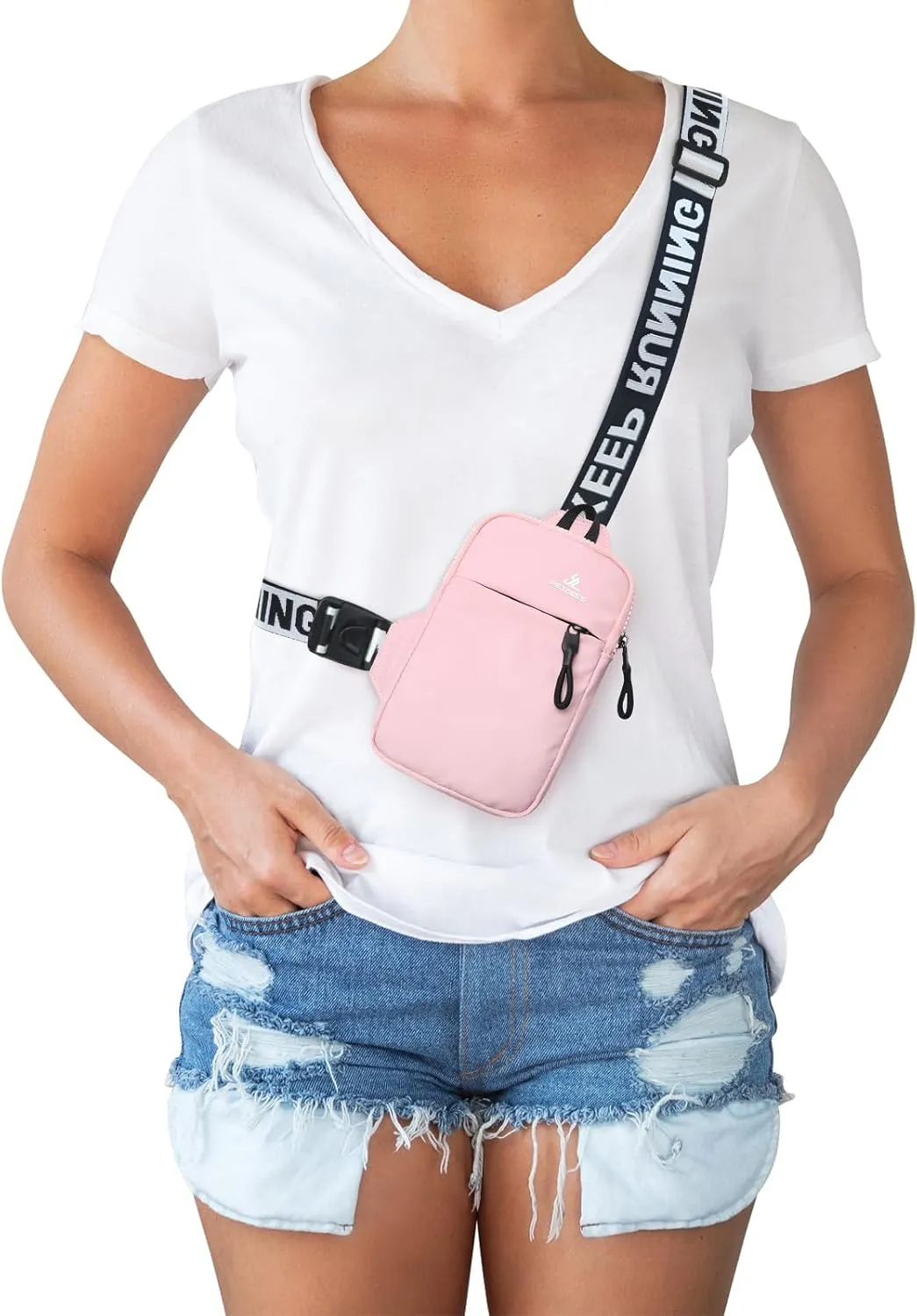 Peicees Mini Crossbody Sling Bag Chest Bag Dual Pocket Water Resistant Fanny Pack Running Phone Holder for Men Women Workout Travel, Pink