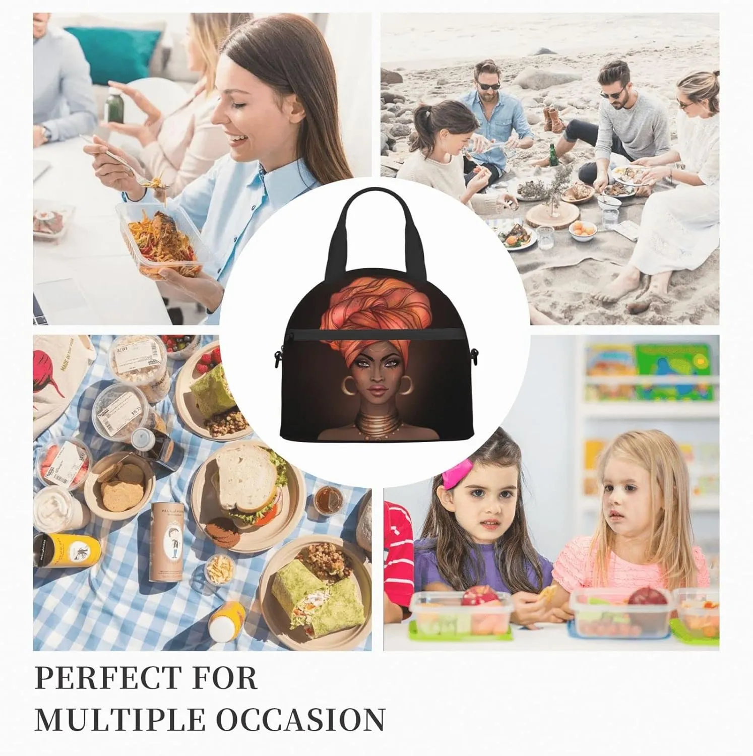 Perinsto African American Black Woman Lunch Bag Reusable Insulated Lunch Tote Bag With Adjustable Shoulder Strap For Office Work School Picnic Travel