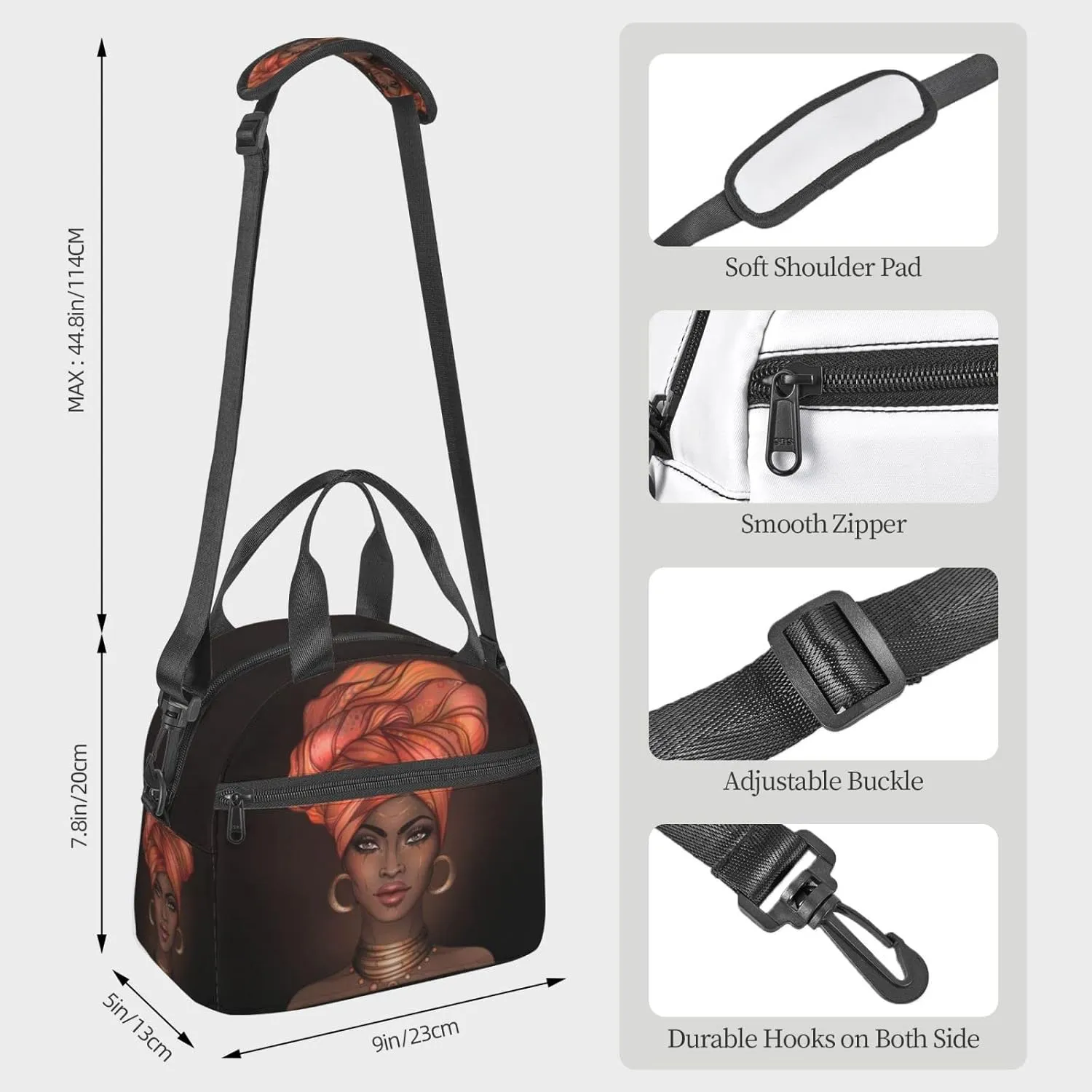 Perinsto African American Black Woman Lunch Bag Reusable Insulated Lunch Tote Bag With Adjustable Shoulder Strap For Office Work School Picnic Travel