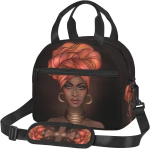 Perinsto African American Black Woman Lunch Bag Reusable Insulated Lunch Tote Bag With Adjustable Shoulder Strap For Office Work School Picnic Travel