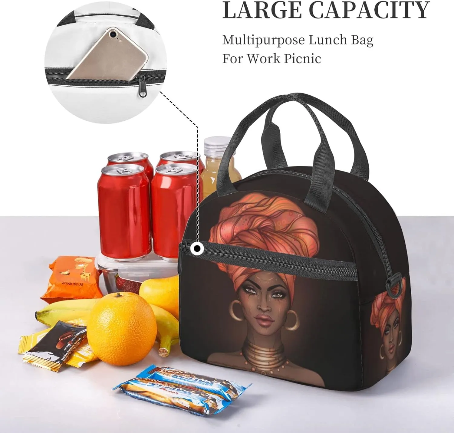 Perinsto African American Black Woman Lunch Bag Reusable Insulated Lunch Tote Bag With Adjustable Shoulder Strap For Office Work School Picnic Travel