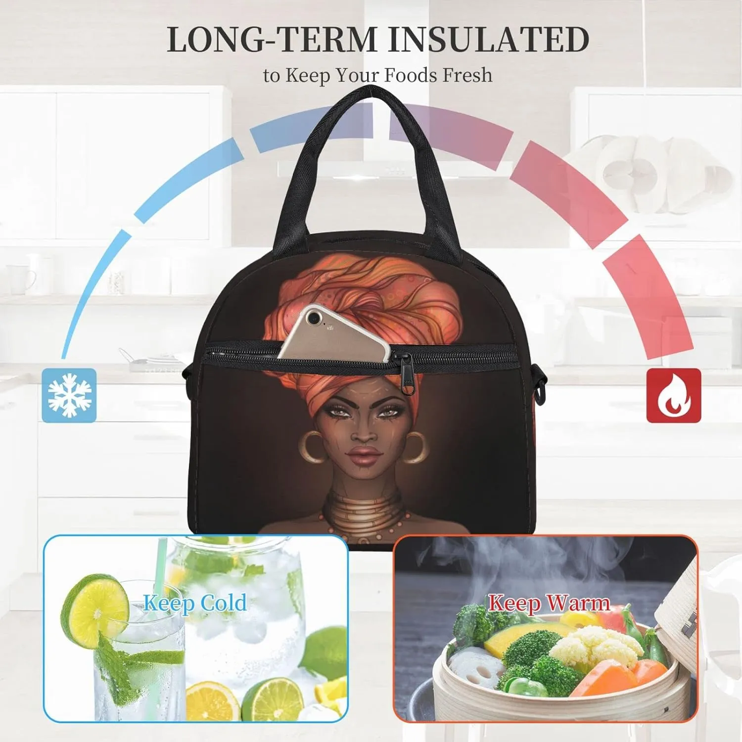 Perinsto African American Black Woman Lunch Bag Reusable Insulated Lunch Tote Bag With Adjustable Shoulder Strap For Office Work School Picnic Travel