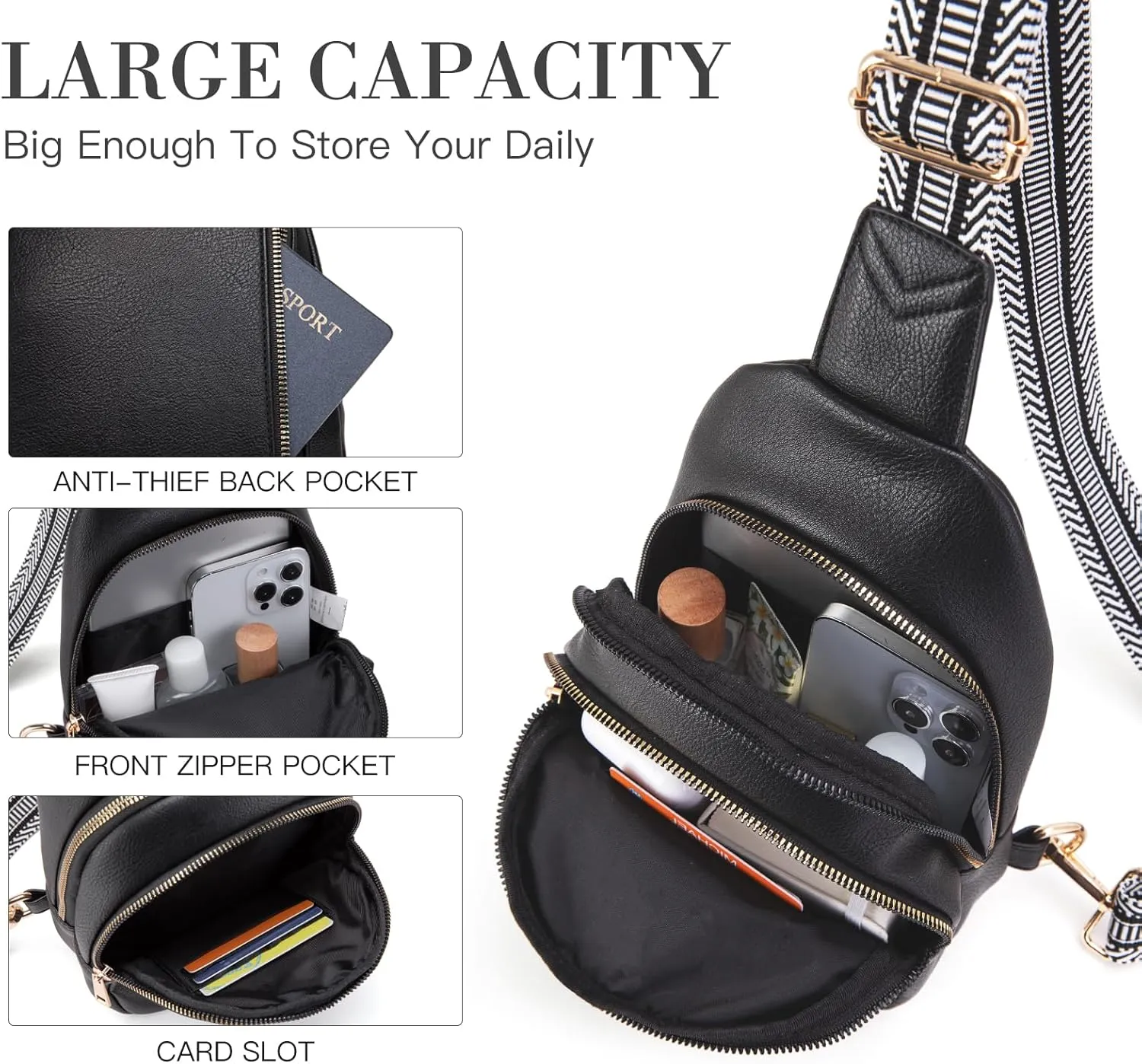 Personalized Gifts for Women Initial Sling Bag PU Leather Crossbody Bags for Women Fanny Pack Cross Body Chest Bag for Travel (Black-G)