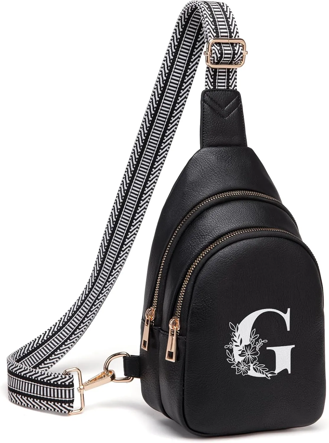 Personalized Gifts for Women Initial Sling Bag PU Leather Crossbody Bags for Women Fanny Pack Cross Body Chest Bag for Travel (Black-G)