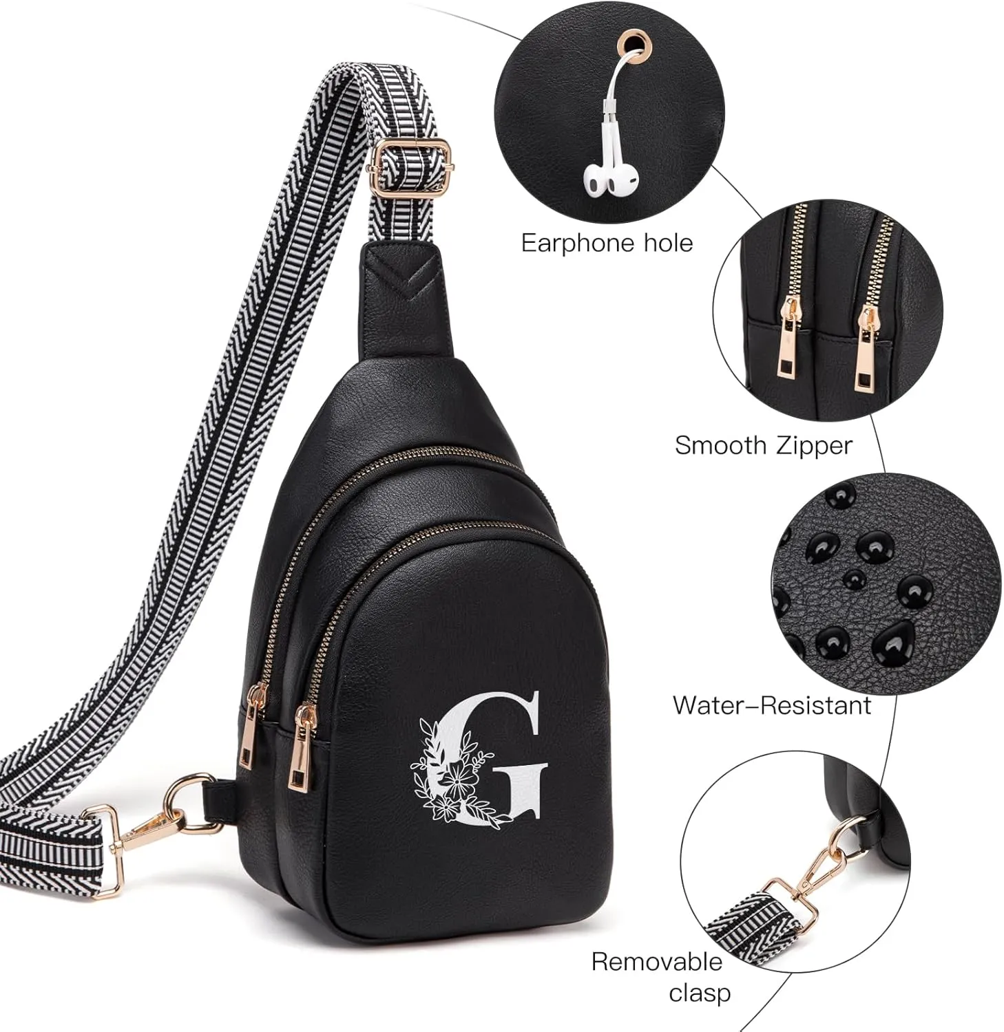 Personalized Gifts for Women Initial Sling Bag PU Leather Crossbody Bags for Women Fanny Pack Cross Body Chest Bag for Travel (Black-G)