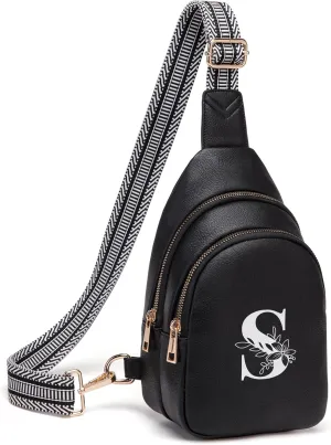 Personalized Gifts for Women Initial Sling Bag PU Leather Crossbody Bags for Women Fanny Pack Cross Body Chest Bag for Travel (Black-S)