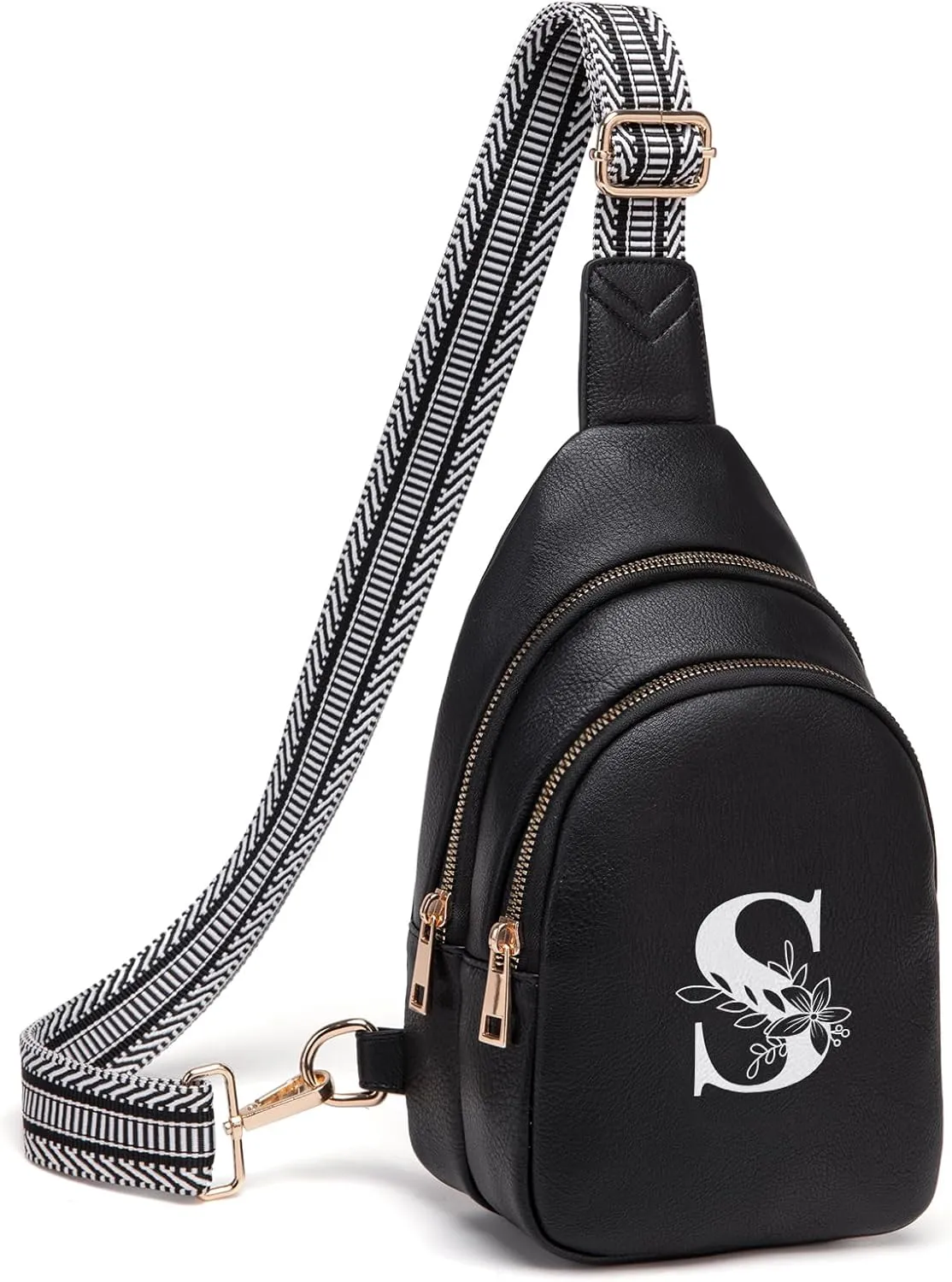 Personalized Gifts for Women Initial Sling Bag PU Leather Crossbody Bags for Women Fanny Pack Cross Body Chest Bag for Travel (Black-S)