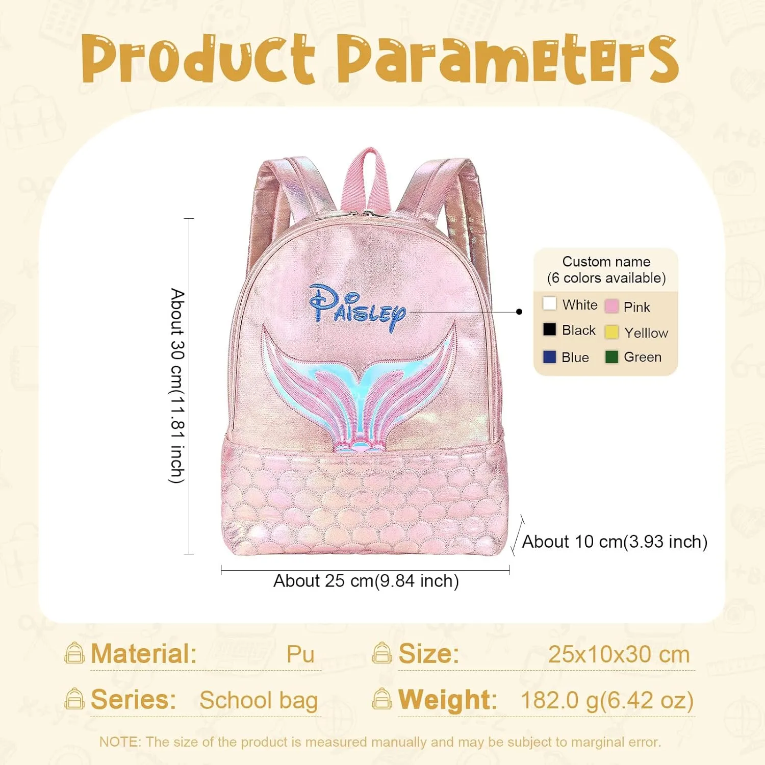 Personalized Mermaid Backpack for Kid Girls, Mini School Bag with Embroidered Name, Pink Purple Green, 12-inch, Ages 3-10 (Mermaid, Pink)