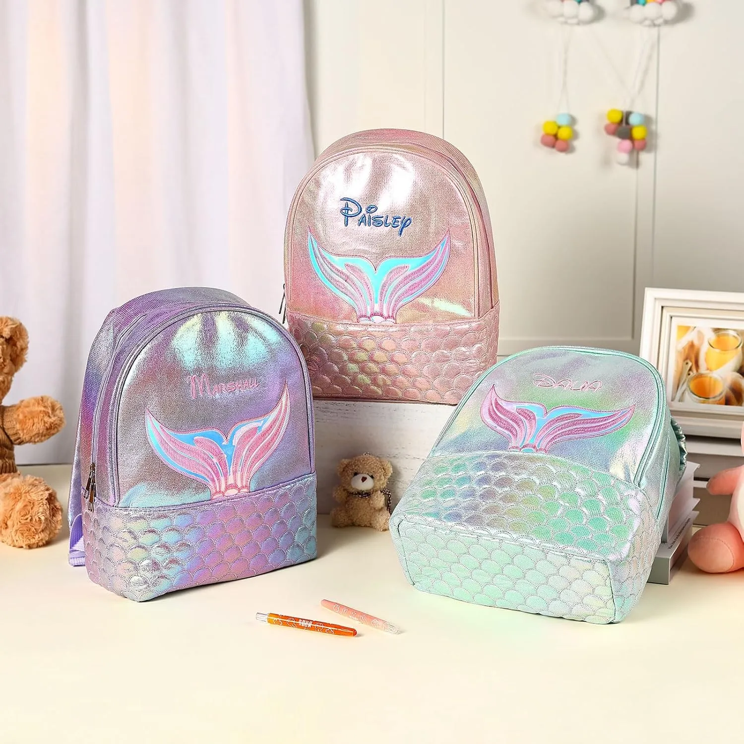 Personalized Mermaid Backpack for Kid Girls, Mini School Bag with Embroidered Name, Pink Purple Green, 12-inch, Ages 3-10 (Mermaid, Pink)