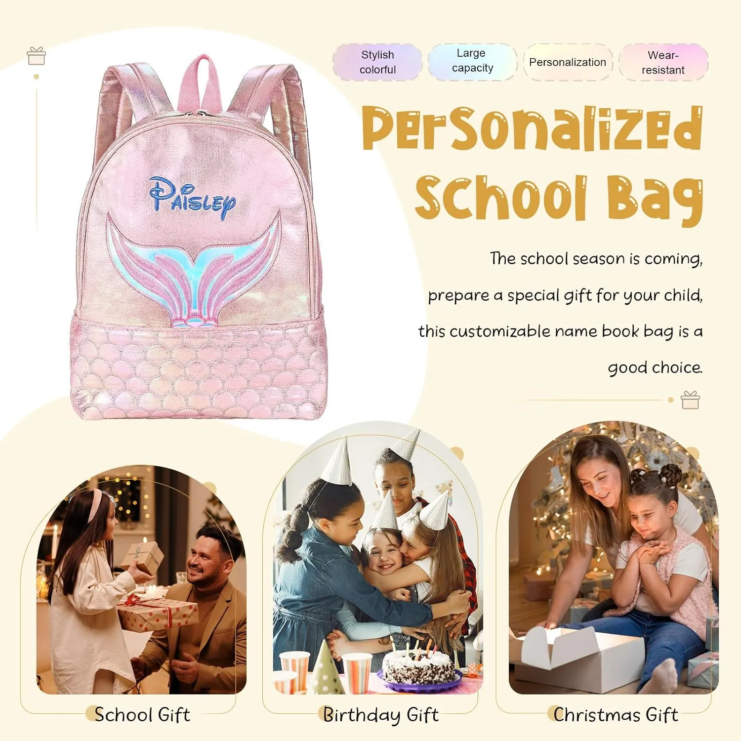 Personalized Mermaid Backpack for Kid Girls, Mini School Bag with Embroidered Name, Pink Purple Green, 12-inch, Ages 3-10 (Mermaid, Pink)