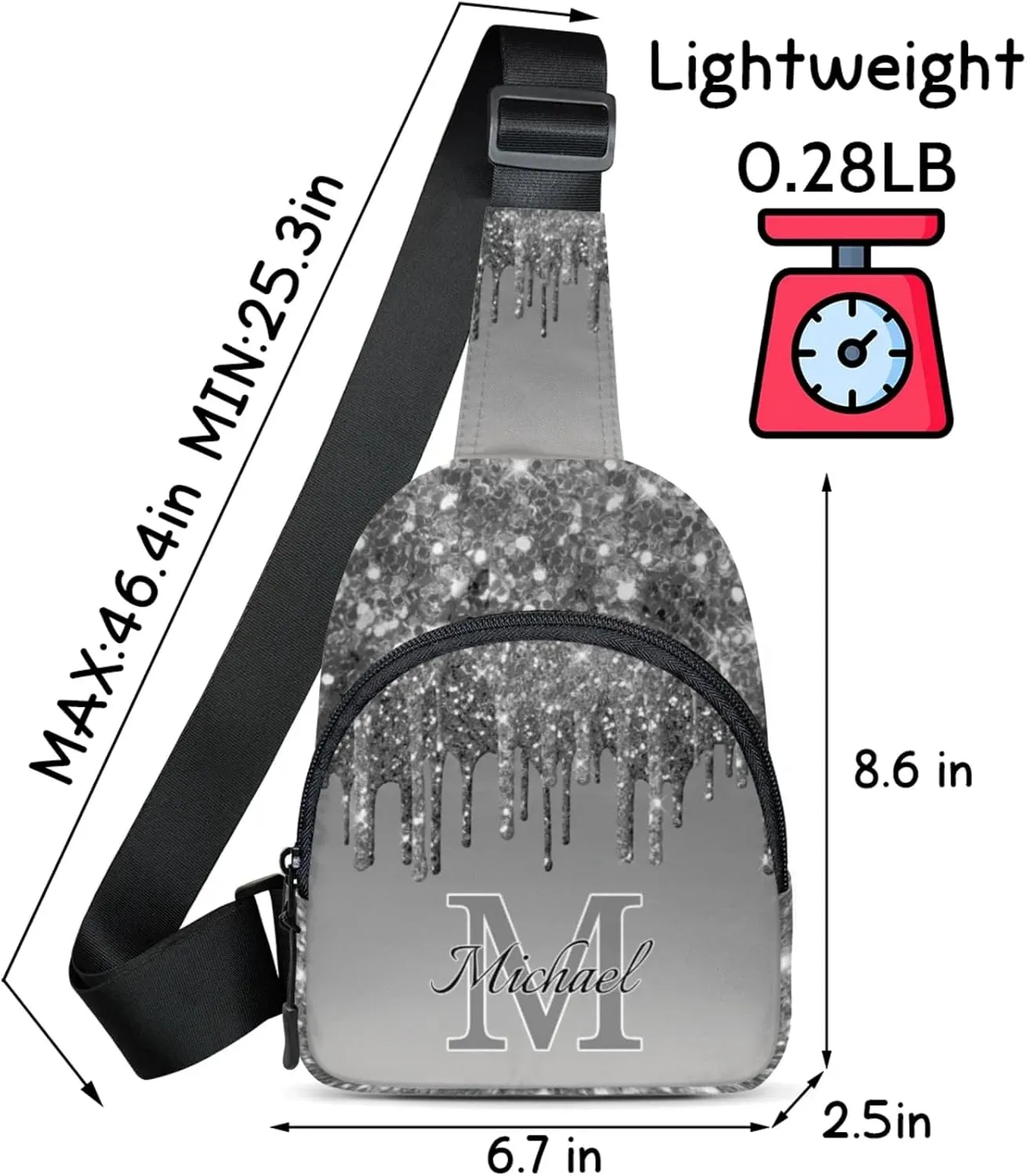 Personalized Sling Bag with Initial Name Custom Crossbody Sling Backpack Customize Chest Bag Daypack for Men Women, Grey Glitter