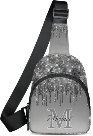Personalized Sling Bag with Initial Name Custom Crossbody Sling Backpack Customize Chest Bag Daypack for Men Women, Grey Glitter
