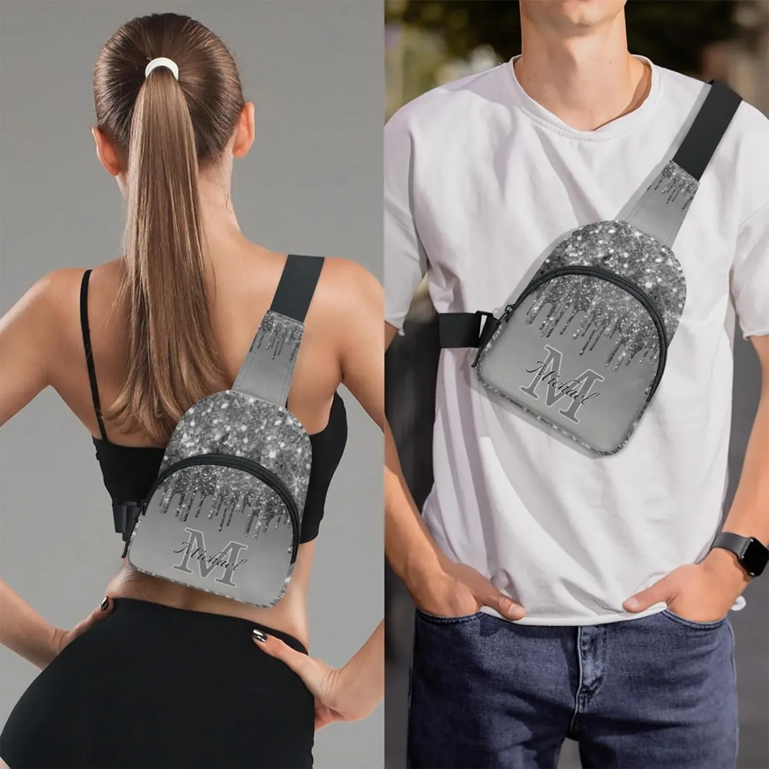 Personalized Sling Bag with Initial Name Custom Crossbody Sling Backpack Customize Chest Bag Daypack for Men Women, Grey Glitter