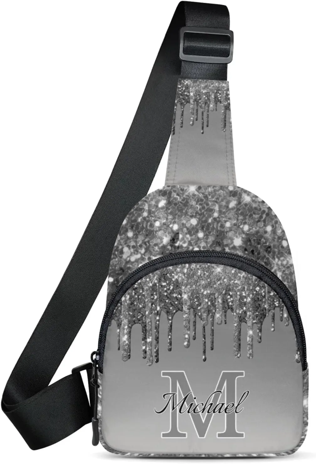 Personalized Sling Bag with Initial Name Custom Crossbody Sling Backpack Customize Chest Bag Daypack for Men Women, Grey Glitter