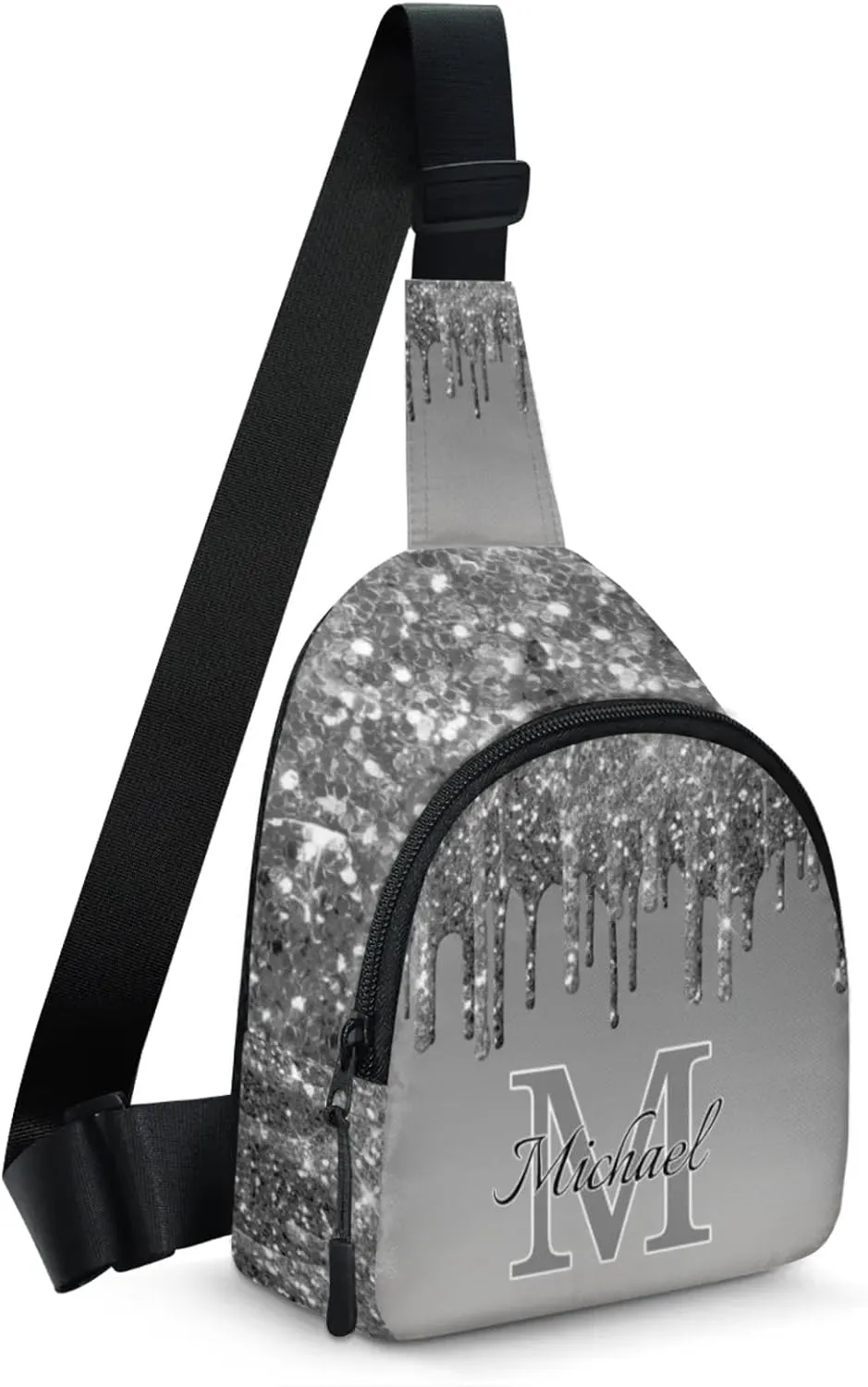 Personalized Sling Bag with Initial Name Custom Crossbody Sling Backpack Customize Chest Bag Daypack for Men Women, Grey Glitter
