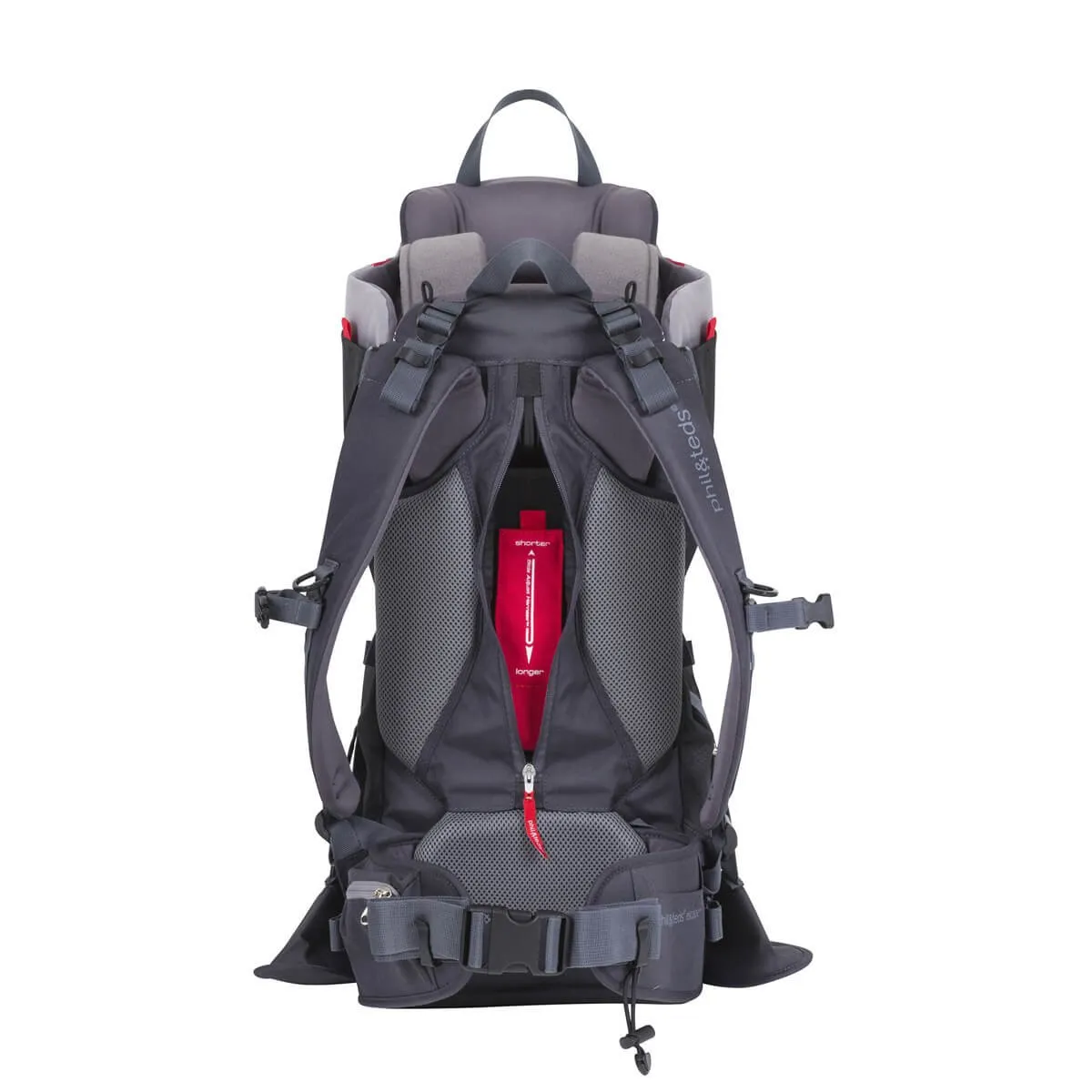 phil&teds Escape Child Carrier Frame Backpack, Red – Height Adjustable Body-Tech Harness - Articulating Dual Core Waist Belt – Includes Hood, Daypack, Change Mat – 30L Storage – 2 Year Guarantee