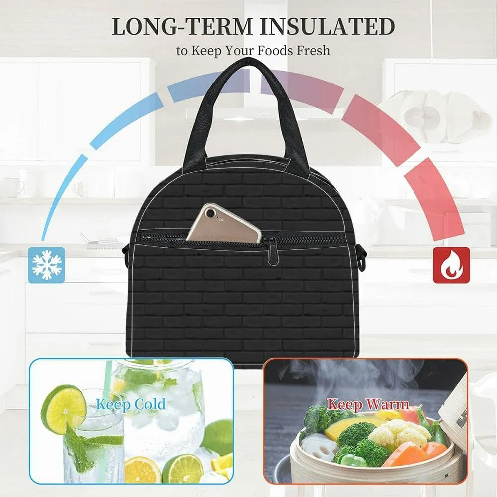 Photorealistic black brick wall as Masonry close up 3D exterior Insulated Adult Lunch Bag with Shoulder Strap for Women Lightweight Reusable Portable Freezable Lunch Tote Bag for Work Picnic