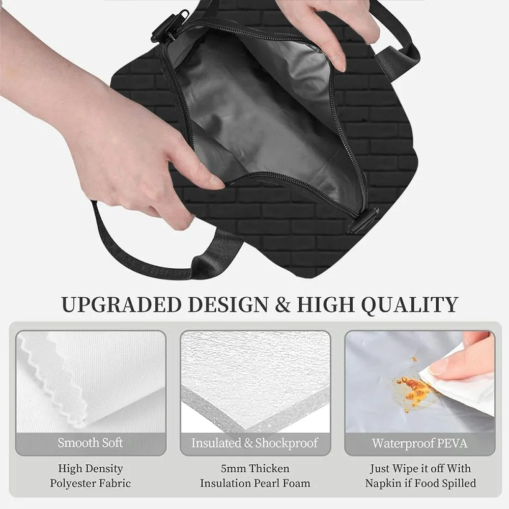 Photorealistic black brick wall as Masonry close up 3D exterior Insulated Adult Lunch Bag with Shoulder Strap for Women Lightweight Reusable Portable Freezable Lunch Tote Bag for Work Picnic