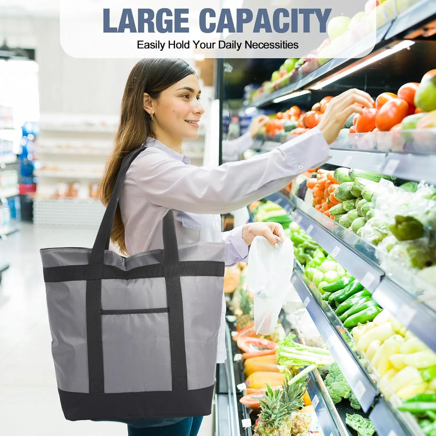 Pickmesh 6 Pcs Large Insulated Cooler Bag with Thermal Foam Insulated Grocery Bags Shopping Bag Food Delivery Bag Travel Insulated Bag Beach Cooler Bags for Grocery, Travel, Beach (Gray)
