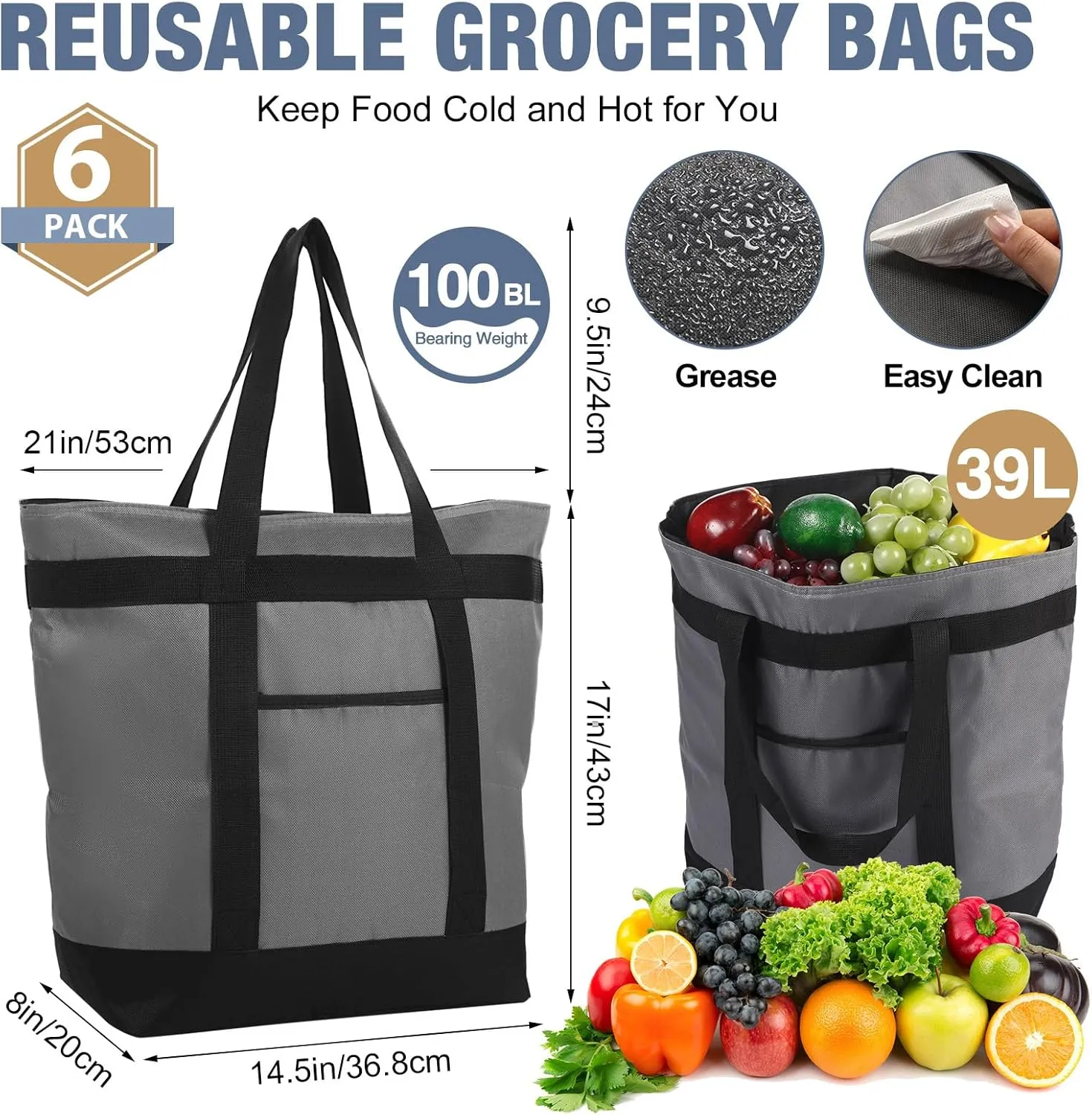 Pickmesh 6 Pcs Large Insulated Cooler Bag with Thermal Foam Insulated Grocery Bags Shopping Bag Food Delivery Bag Travel Insulated Bag Beach Cooler Bags for Grocery, Travel, Beach (Gray)
