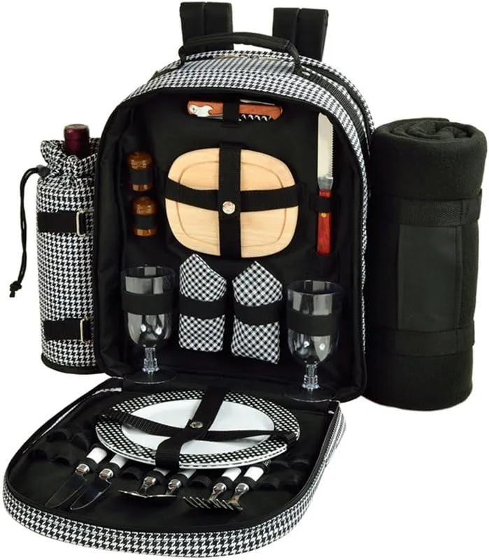Picnic at Ascot - Deluxe Equipped 2 Person Picnic Backpack with Cooler, Insulated Wine Holder & Blanket - Houndstooth