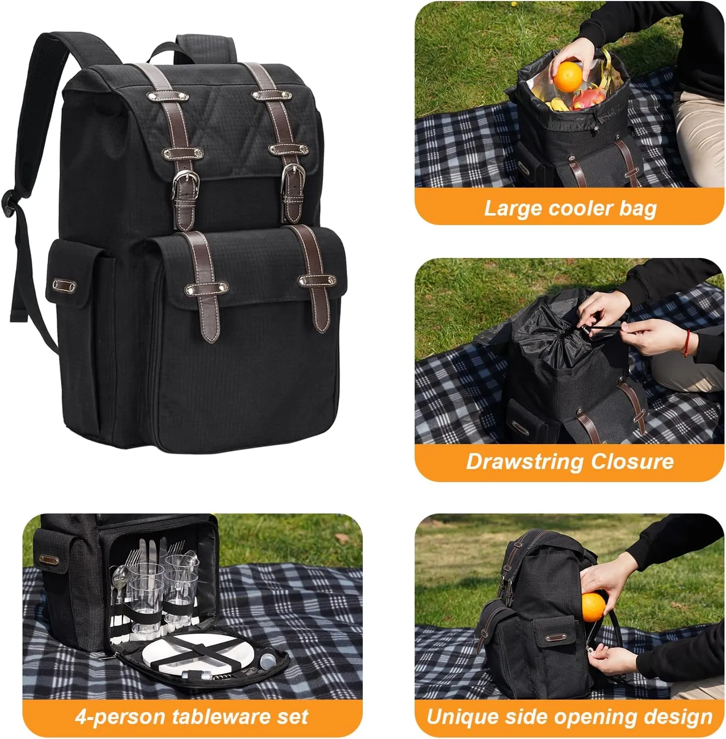 Picnic Backpack for 4, Picnic Basket for 4, Picnic Basket Backpack, Picnic Basket Set with Blanket and Cooler Bag,Wine Pouch, Picnic Cooler Backpack Perfect for Camping, Beach and Wedding