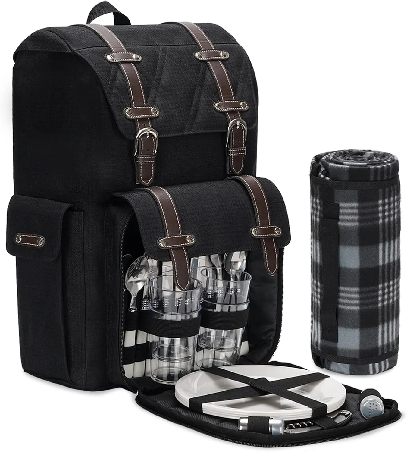 Picnic Backpack for 4, Picnic Basket for 4, Picnic Basket Backpack, Picnic Basket Set with Blanket and Cooler Bag,Wine Pouch, Picnic Cooler Backpack Perfect for Camping, Beach and Wedding