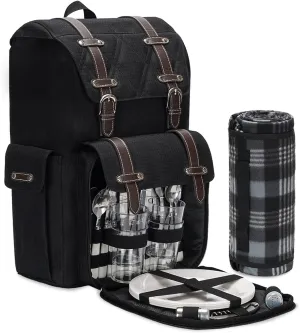 Picnic Backpack for 4, Picnic Basket for 4, Picnic Basket Backpack, Picnic Basket Set with Blanket and Cooler Bag,Wine Pouch, Picnic Cooler Backpack Perfect for Camping, Beach and Wedding
