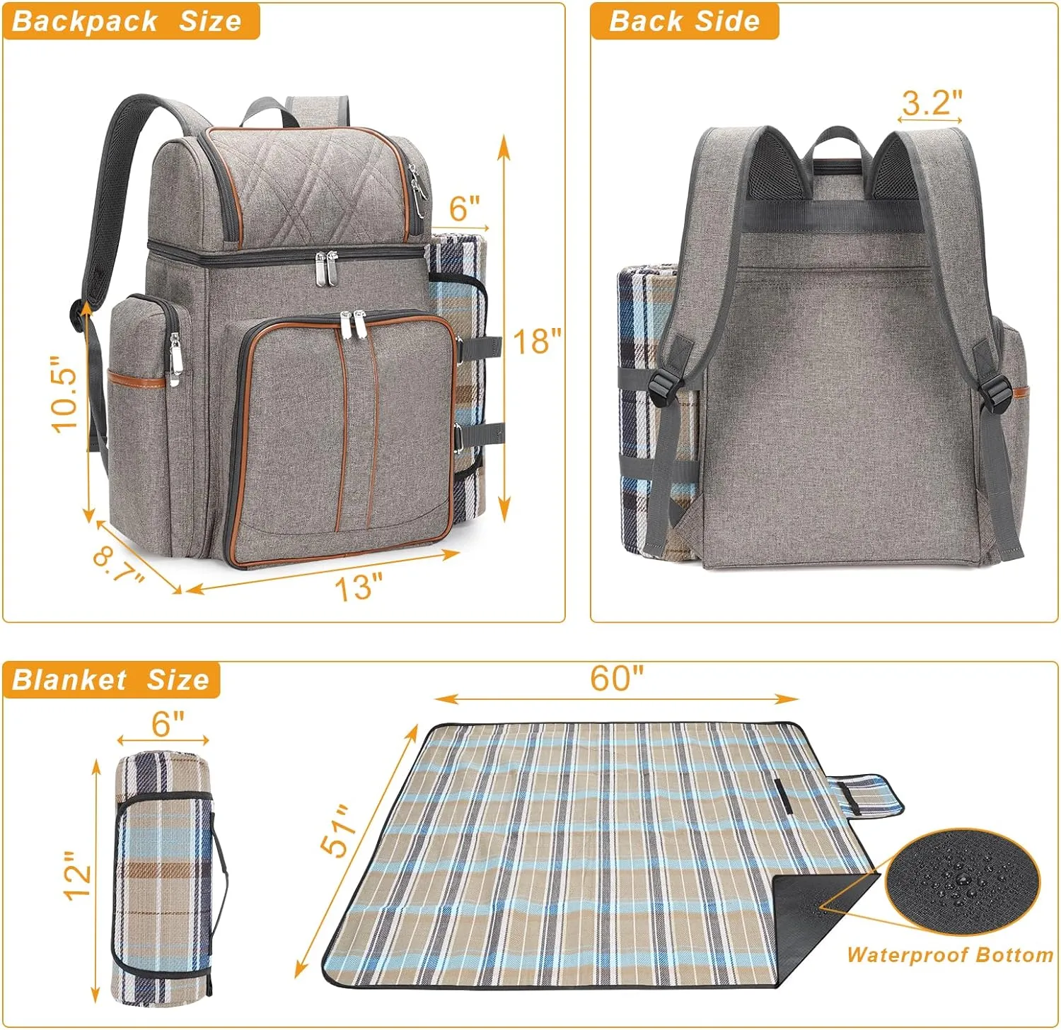 Picnic Backpack for 4, Picnic Basket Set, Leakproof Picnic Bag, Beach Cooler Backpack with Insulated Cooler Wine Pouch,Picnic Blanket, Double Deck Picnic Backpack for Beach,Camping,Park(BrushedKhaki)