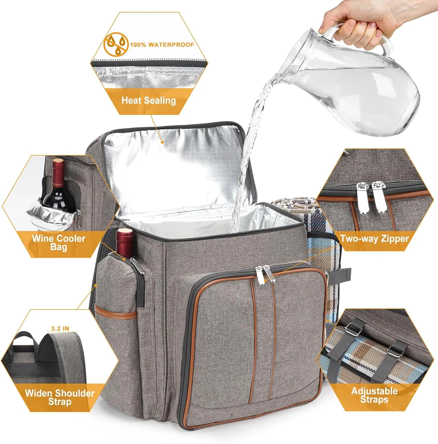 Picnic Backpack for 4, Picnic Basket Set, Leakproof Picnic Bag, Beach Cooler Backpack with Insulated Cooler Wine Pouch,Picnic Blanket, Double Deck Picnic Backpack for Beach,Camping,Park(BrushedKhaki)