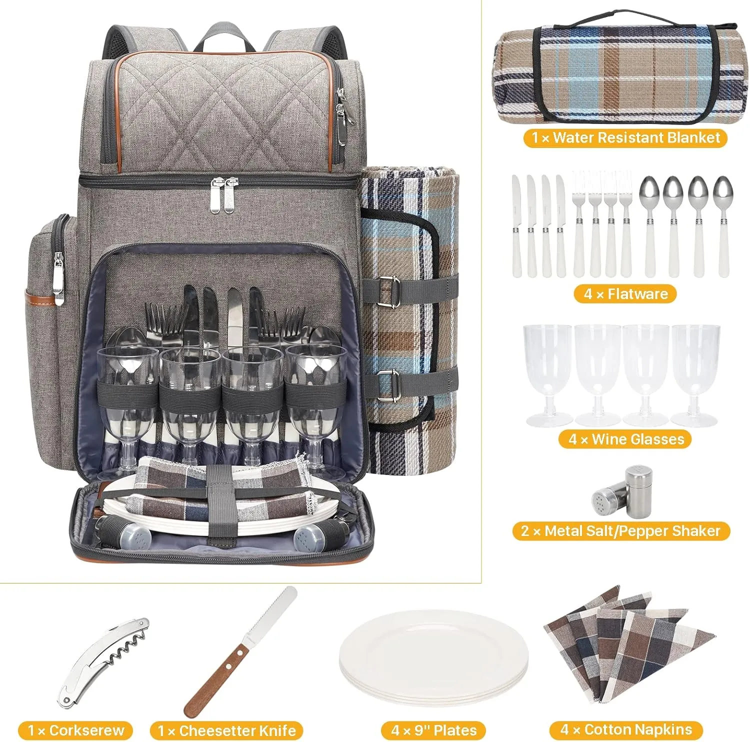 Picnic Backpack for 4, Picnic Basket Set, Leakproof Picnic Bag, Beach Cooler Backpack with Insulated Cooler Wine Pouch,Picnic Blanket, Double Deck Picnic Backpack for Beach,Camping,Park(BrushedKhaki)