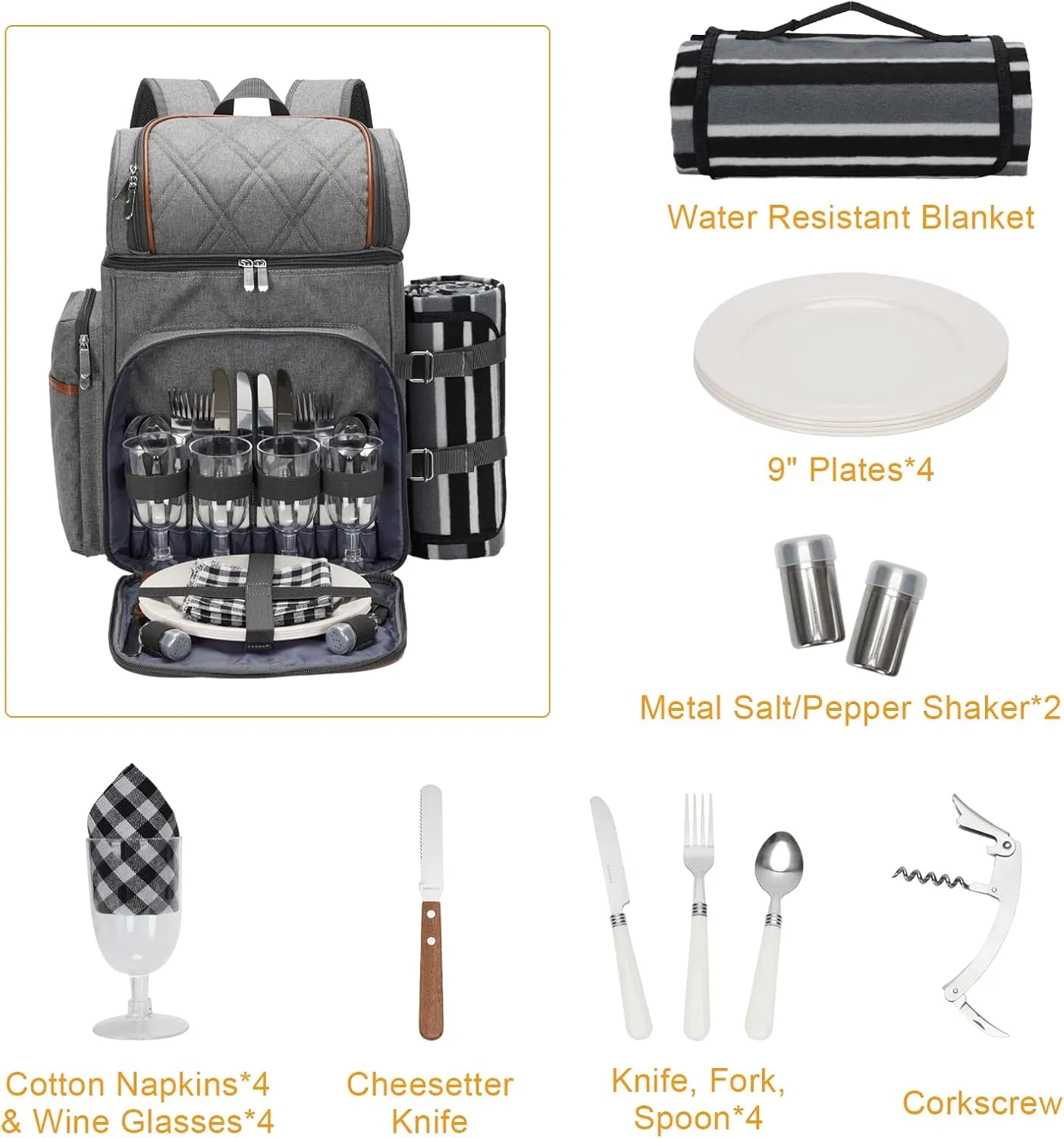 Picnic Backpack for 4, Picnic Basket Set, Leakproof Picnic Bag, Beach Cooler Backpack with Insulated Cooler Wine Pouch,Picnic Blanket, Double Deck Picnic Backpack for Beach,Camping,Park(Grey)