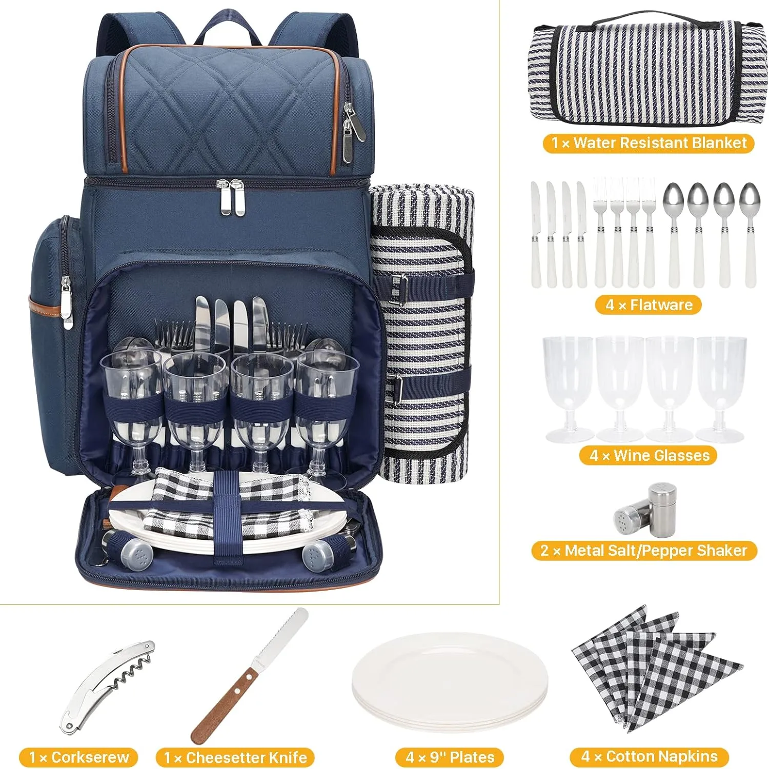 Picnic Backpack for 4,Picnic Basket Set,Leakproof Picnic Bag,Beach Cooler Backpack with Insulated Cooler Wine Pouch,Picnic Blanket, Double Deck Picnic Backpack for Beach,Camping,Park(BrushedKhaki)