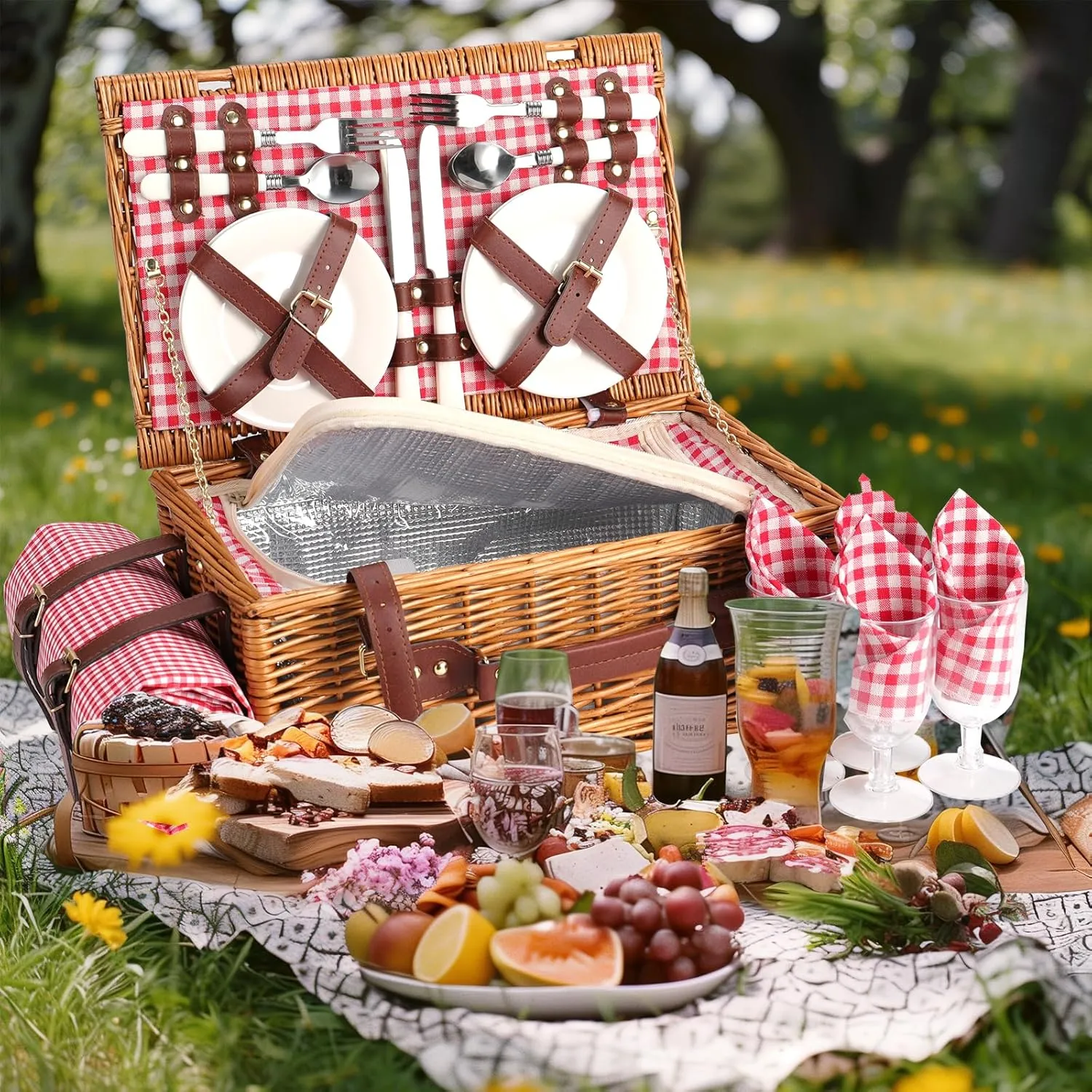 Picnic Basket for 4 Persons Willow Weaving Picnic Set with Cooler Insulation Bag and Waterproof Picnic mat Picnic Baskets for Camping,Wedding,Summer Beach, Outdoor,Birthday Gifts