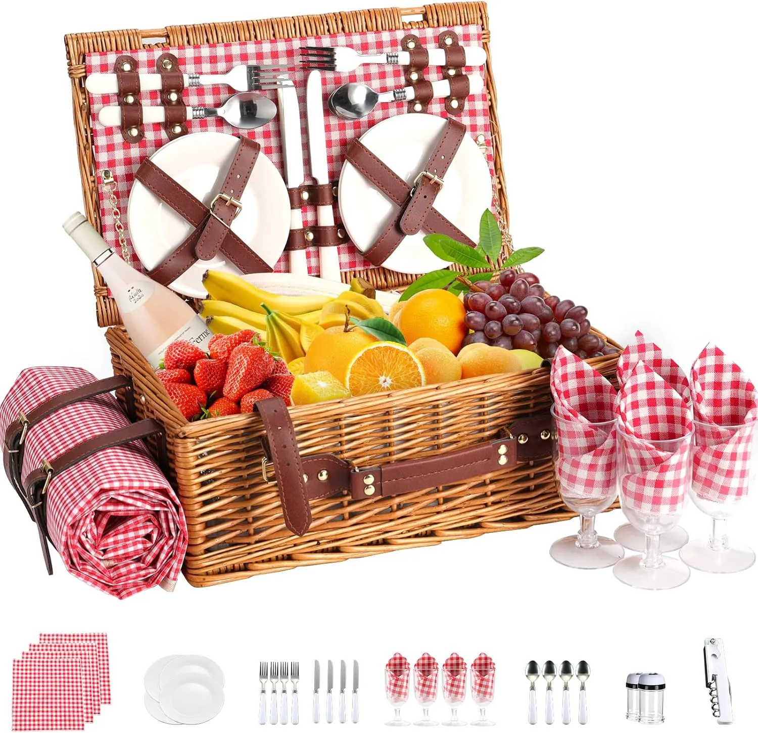 Picnic Basket for 4 Persons Willow Weaving Picnic Set with Cooler Insulation Bag and Waterproof Picnic mat Picnic Baskets for Camping,Wedding,Summer Beach, Outdoor,Birthday Gifts