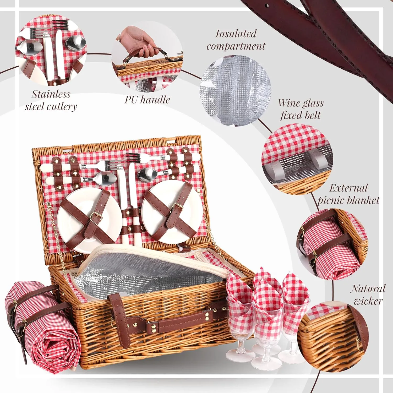 Picnic Basket for 4 Persons Willow Weaving Picnic Set with Cooler Insulation Bag and Waterproof Picnic mat Picnic Baskets for Camping,Wedding,Summer Beach, Outdoor,Birthday Gifts
