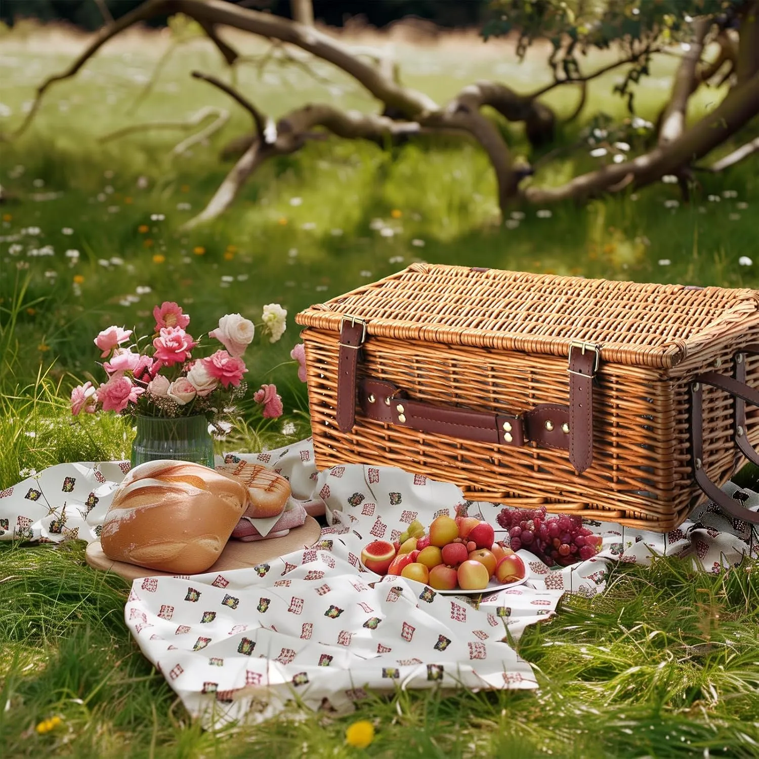 Picnic Basket for 4 Persons Willow Weaving Picnic Set with Cooler Insulation Bag and Waterproof Picnic mat Picnic Baskets for Camping,Wedding,Summer Beach, Outdoor,Birthday Gifts