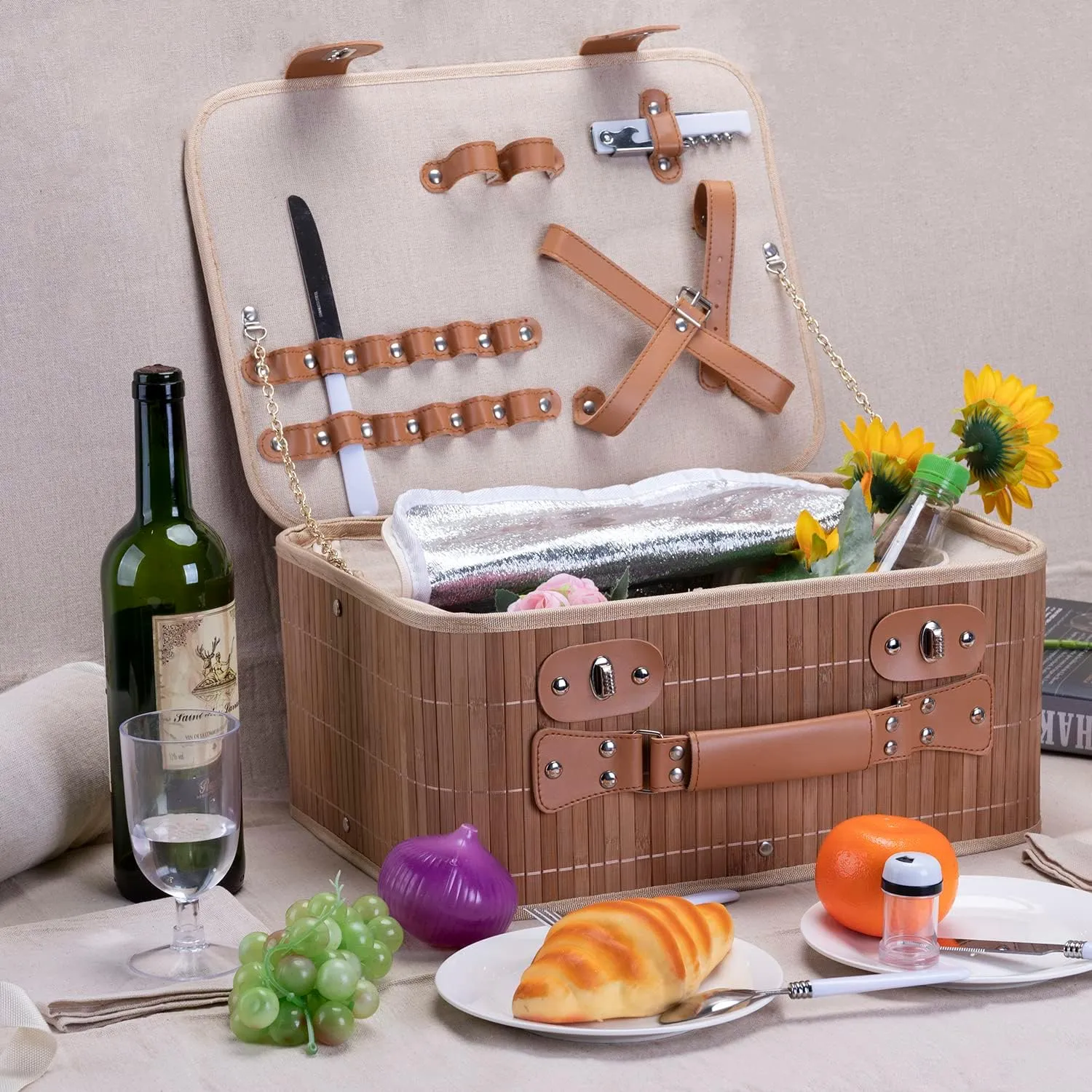 Picnic Basket Set for 2 with Waterproof Blanket Insulated Wine Pouch Hamper with Cutlery for Two Persons, Family,Couple,Camping,Outdoor,Wedding Gift, Birthday
