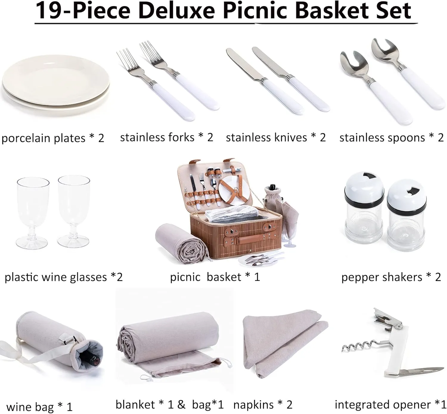 Picnic Basket Set for 2 with Waterproof Blanket Insulated Wine Pouch Hamper with Cutlery for Two Persons, Family,Couple,Camping,Outdoor,Wedding Gift, Birthday