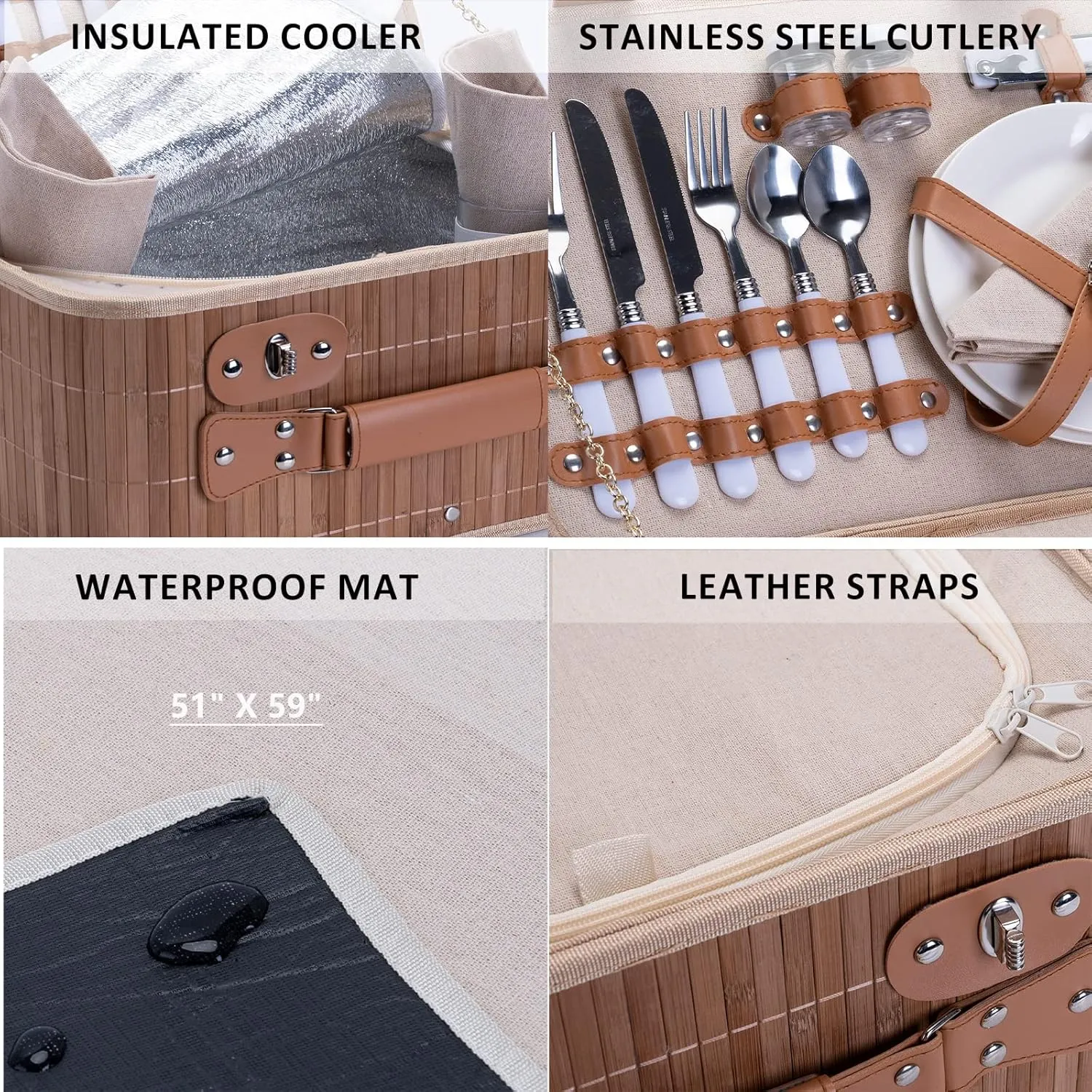 Picnic Basket Set for 2 with Waterproof Blanket Insulated Wine Pouch Hamper with Cutlery for Two Persons, Family,Couple,Camping,Outdoor,Wedding Gift, Birthday