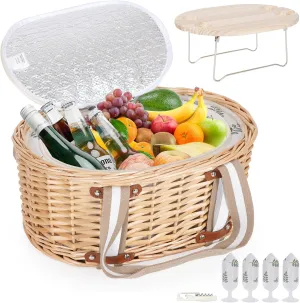 Picnic Basket Set for 4 - Wicker Insulated Picnic Basket with Folding Wine Table, Wine Picnic Kit with Liner for Couples, Camping, Outdoor, Valentine (Leaf)