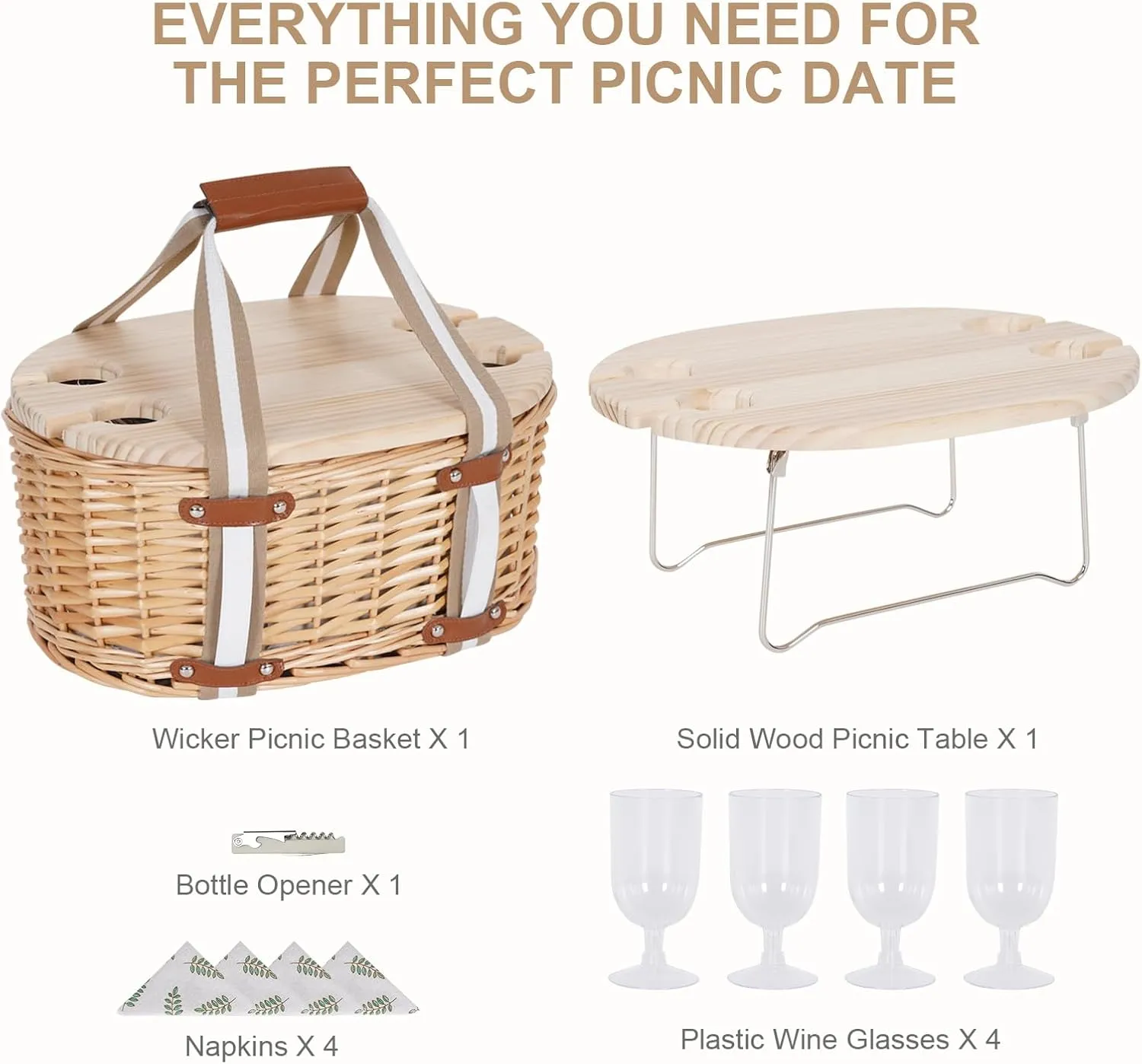 Picnic Basket Set for 4 - Wicker Insulated Picnic Basket with Folding Wine Table, Wine Picnic Kit with Liner for Couples, Camping, Outdoor, Valentine (Leaf)