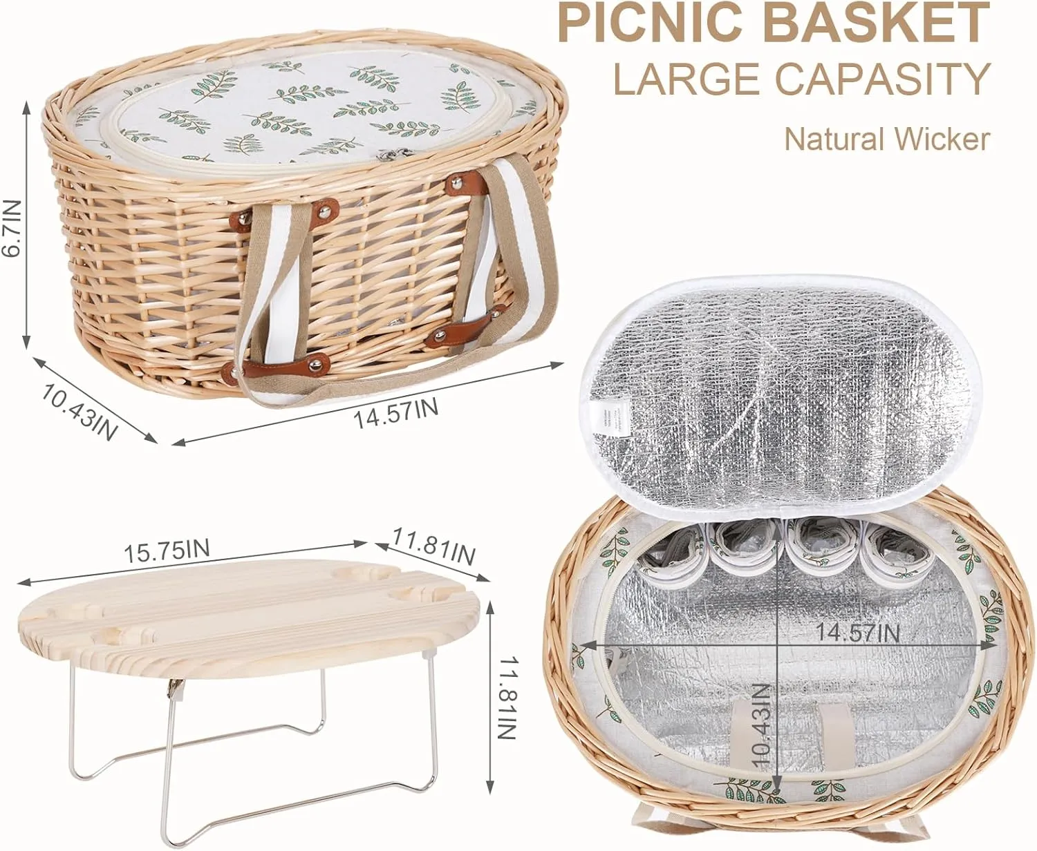 Picnic Basket Set for 4 - Wicker Insulated Picnic Basket with Folding Wine Table, Wine Picnic Kit with Liner for Couples, Camping, Outdoor, Valentine (Leaf)