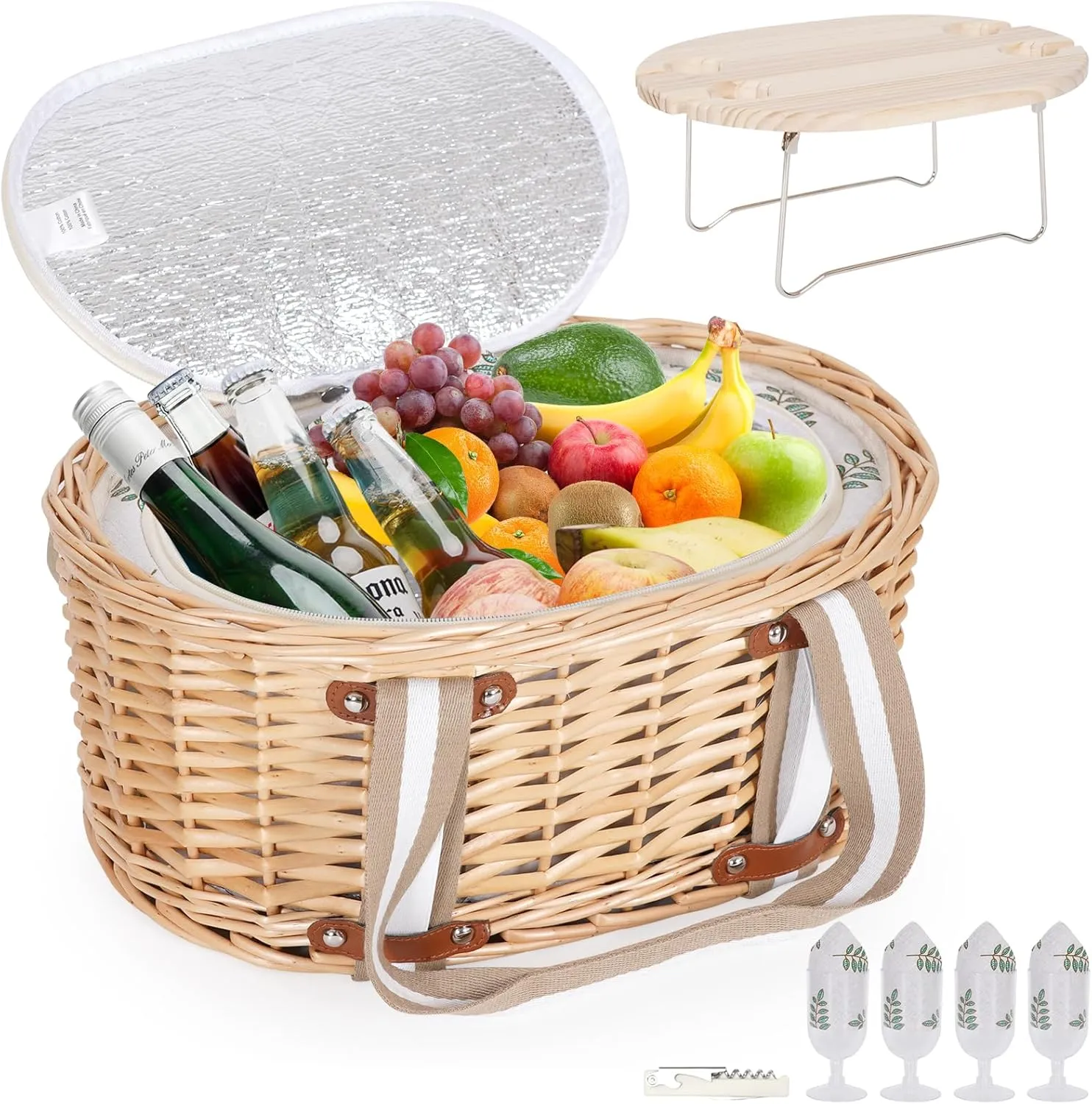Picnic Basket Set for 4 - Wicker Insulated Picnic Basket with Folding Wine Table, Wine Picnic Kit with Liner for Couples, Camping, Outdoor, Valentine (Leaf)
