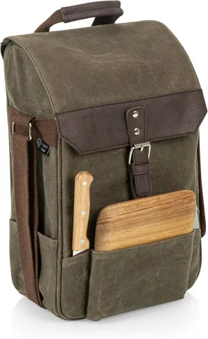 PICNIC TIME 2 Bottle Insulated Wine Bag with Cheese Board and Knife Set - Wine Picnic Bag - Distressed Waxed Canvas Wine Tote, (Khaki Green with Brown Accents)