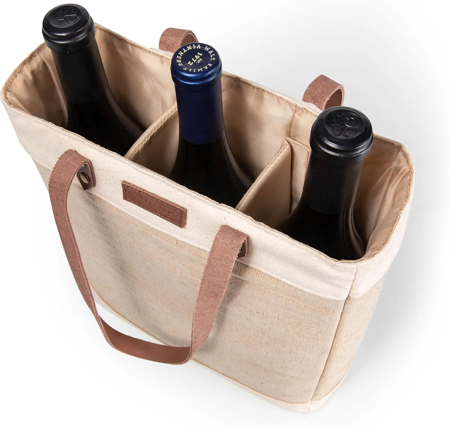 PICNIC TIME 3-Bottle Pinot Jute Insulated Wine Tote and Gift Bag, Beige