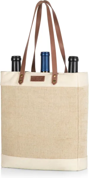 PICNIC TIME 3-Bottle Pinot Jute Insulated Wine Tote and Gift Bag, Beige