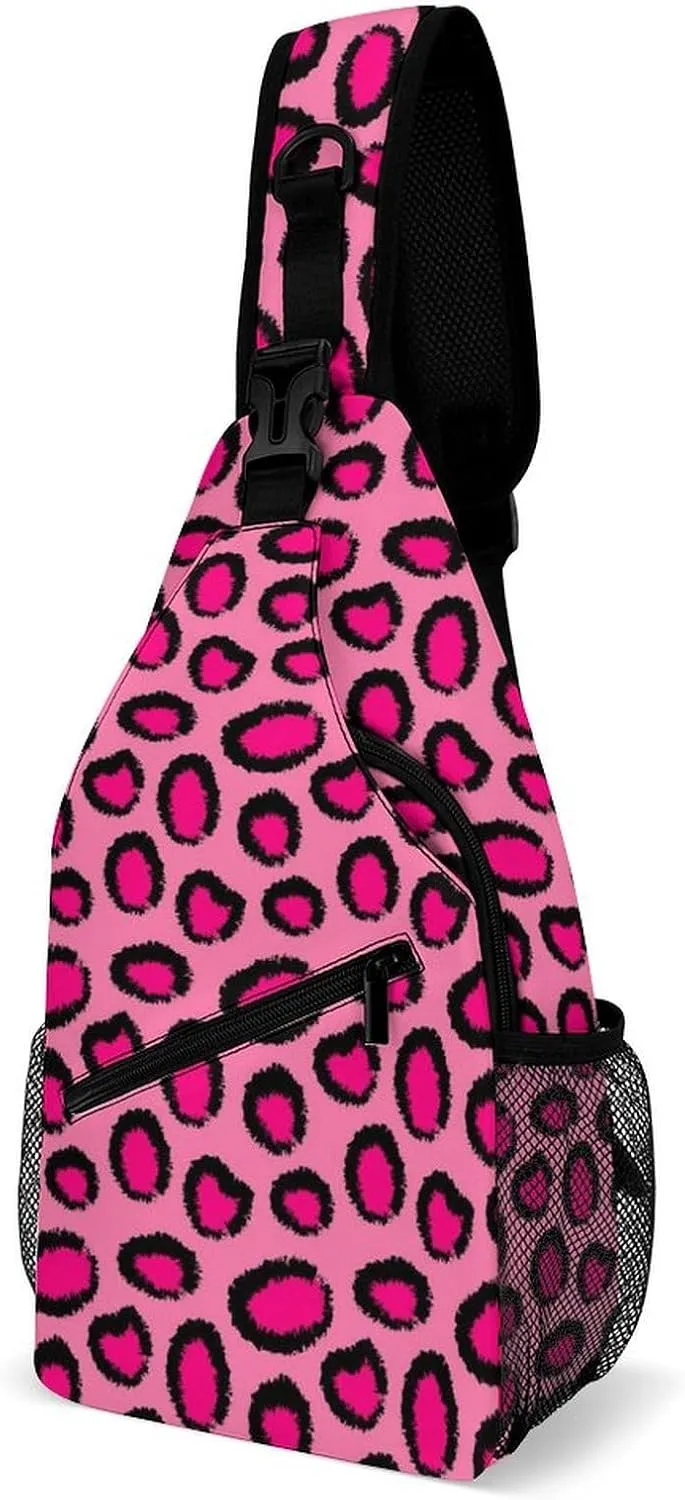 Pink-animal-print Crossbody Sling Bag for Women Men Travel Chest Bag, Cycling Shoulder Backpack